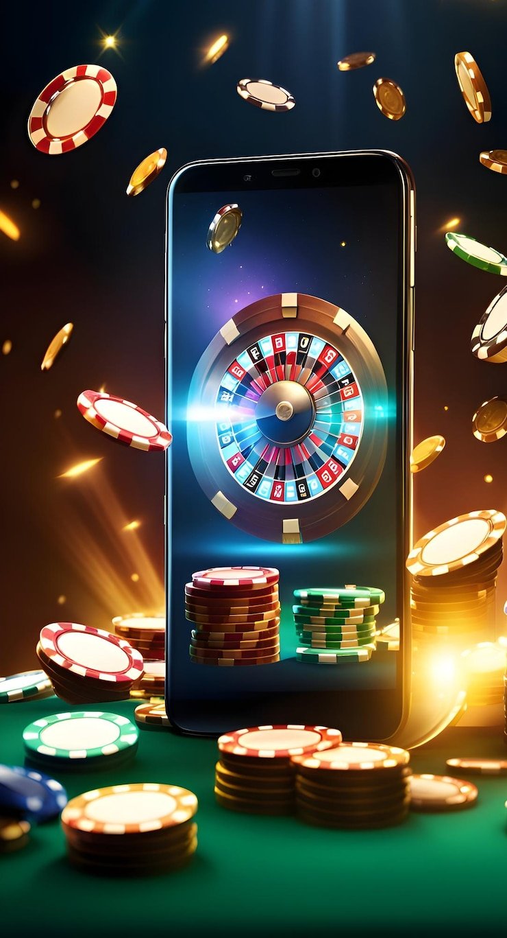 Meja live dealer dengan kartu dan chip di studio multi-kamera